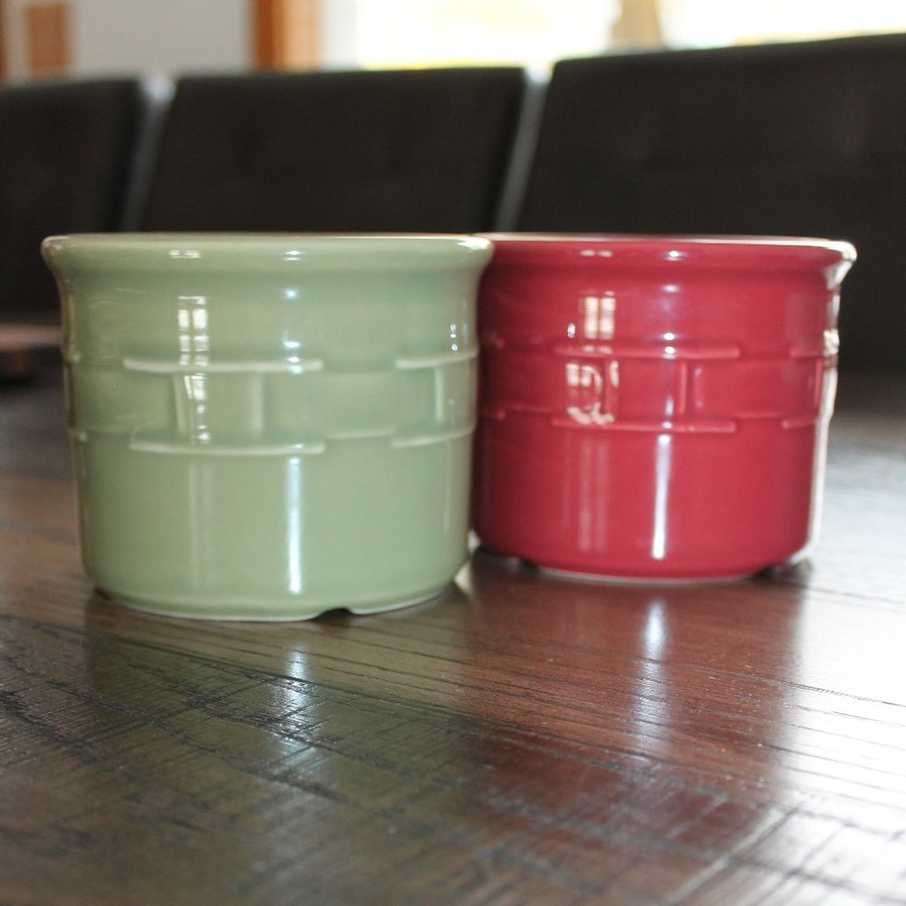Longaberger Set of 2 Crocks Sage Green Paprika Fiesta